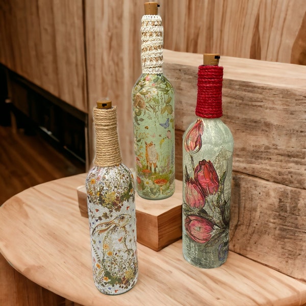 Bottle Lamp, Wine Bottle Light, Decoupage Bottle Lamp, Bottle With Lights Fox | Nature | Rabbits | Spring | Floral