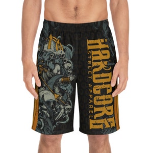 May include: Black athletic shorts with a detailed graphic of a skull-themed design and the text "HARBORE STREET APPAREL" in gold. The shorts have gold side stripes and a black waistband.