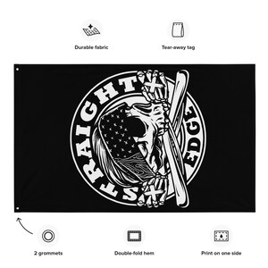 Peut inclure: Drapeau noir et blanc avec un crâne tenant une batte de baseball et le texte "STRAIGHT EDGE".