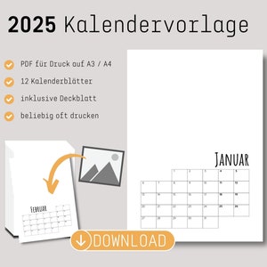 Kalenderdruckvorlage 2025 | DIY Fotokalender oder Bastelkalender | Monatsplaner |Hochformat