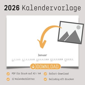 Kalenderdruckvorlage 2026 | DIY Fotokalender oder Bastelkalender | Querformat