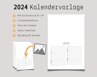 DIY Druckvorlage Kalender 2024 als Fotokalender oder Bastelkalender im Hochformat