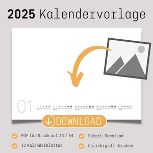 Kalenderdruckvorlage 2025 | DIY Fotokalender oder Bastelkalender | Querformat