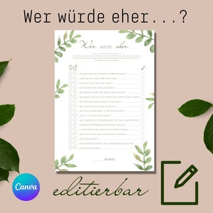 Personalisierbares Hochzeitsspiel "Wer würde eher...? " als Vorlage zum Ausdrucken