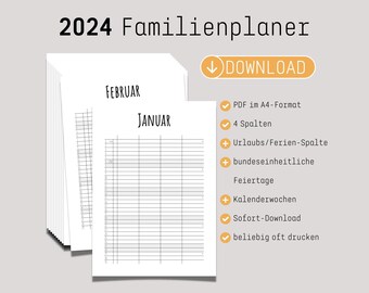 2024 monatlicher Familienplaner mit 4 Spalten zum Ausdrucken