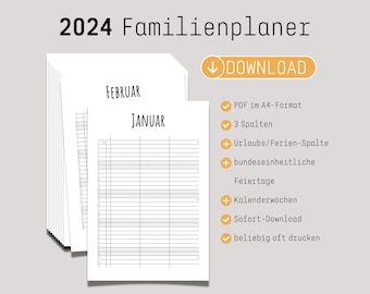 2024 monatlicher Familienplaner mit 3 Spalten zum Ausdrucken