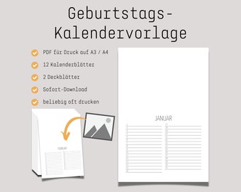 DIY Druckvorlage Geburtstagskalender als Fotokalender oder Bastelkalender im Hochformat