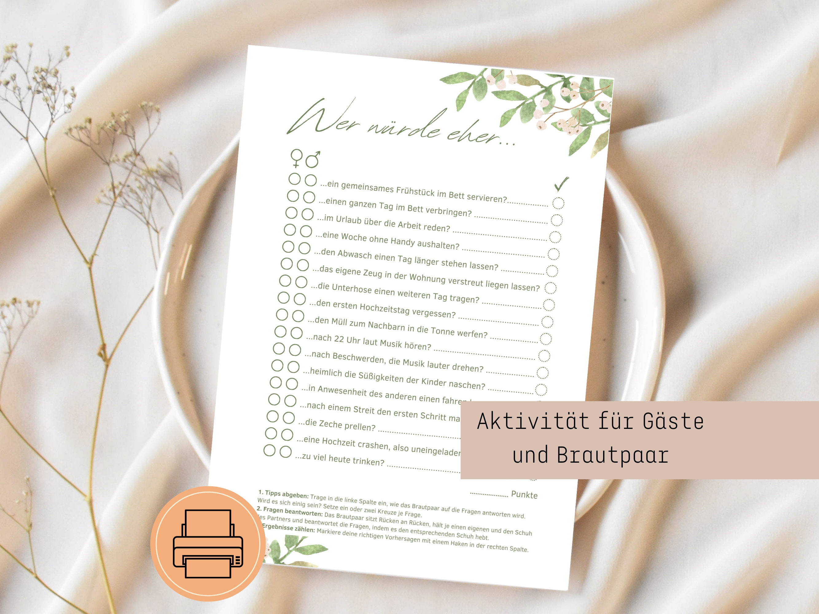 Hochzeitsspiel: Wer würde eher...? || Hochzeitsaktivität || Druckvorlage