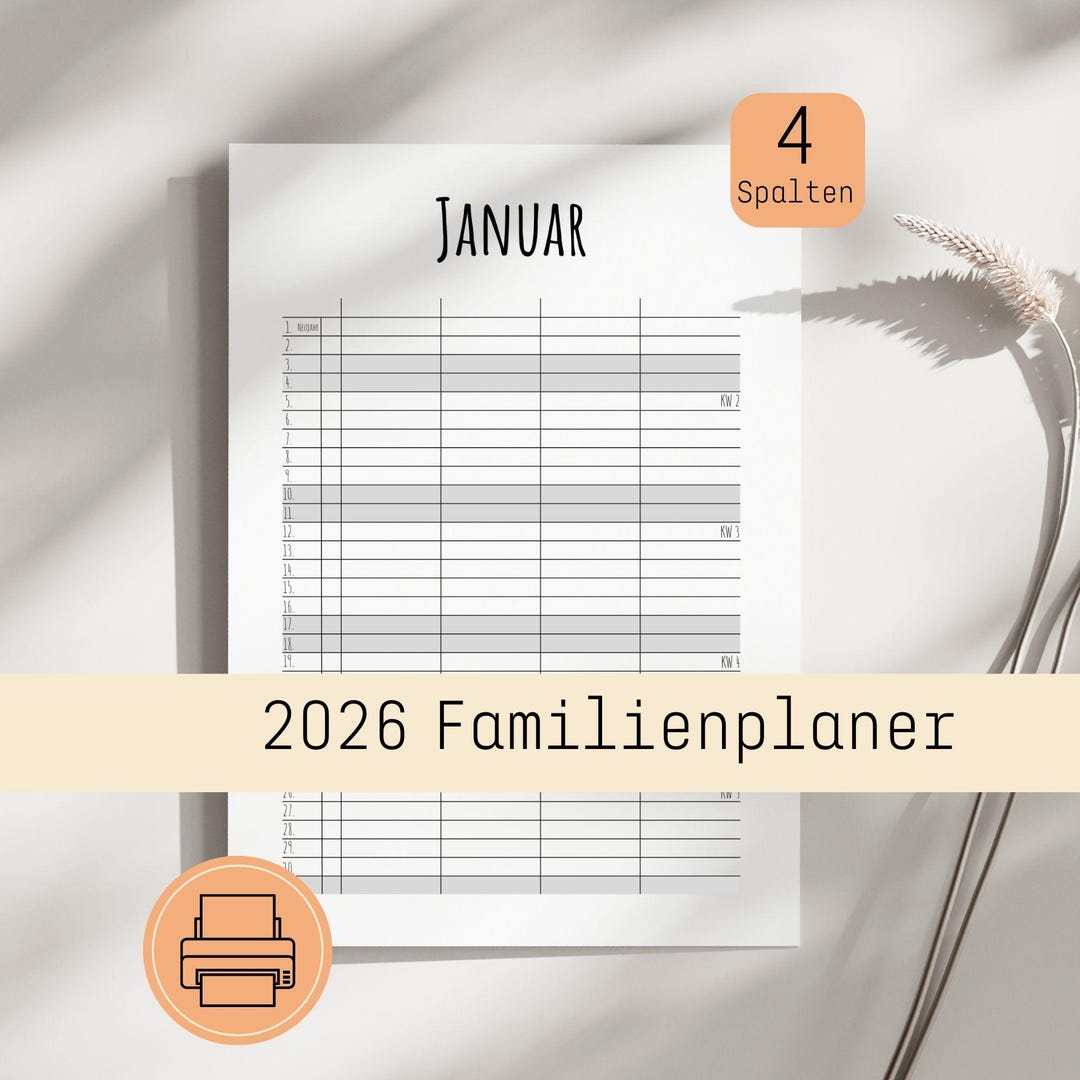 Familienplaner 2026 | Monatlich | 4 Spalten | Druckvorlage - Etsy