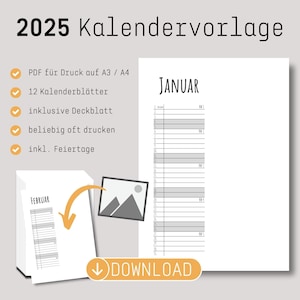 Kalenderdruckvorlage 2025 | DIY Fotokalender oder Bastelkalender | Monatsplaner |Hochformat