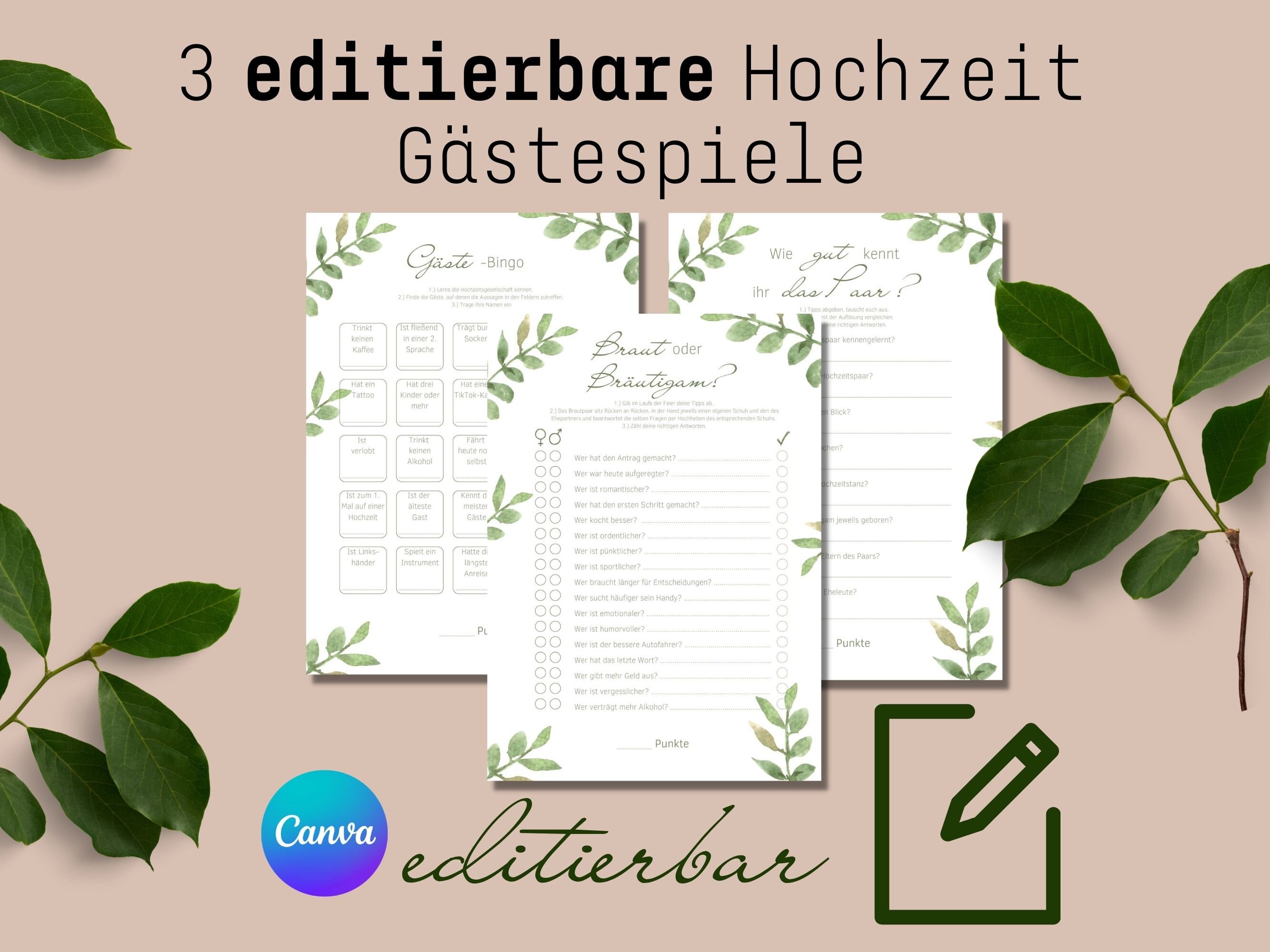 3 Personalisierbare Hochzeitsspiele für Gäste als Vorlage zum Ausdrucken