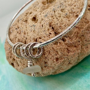 Sterling Silver Textured Round Bangle with Cornish Sea Glass Detail