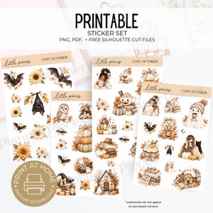 Peut inclure: Un ensemble d'autocollants imprimables intitulé Cozy October par Little Pieces avec des illustrations à l'aquarelle de chauves-souris, tournesols, citrouilles, fantômes, hiboux et scènes d'automne. Inclut des fichiers PNG, PDF et de découpe.