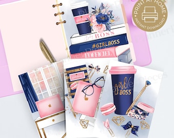 May include: A collection of planner pages with a pink and gold theme. The pages feature illustrations of coffee cups, books with the words "GIRL BOSS" and "L'OFFICIEL", and other office-related items. The pages are arranged in a pink binder.