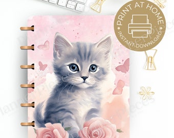 Kitten Planner Cover Printable, Cute Kitten Planner Cover for Happy Planner, Erin Condren Cover, Happy Planner Cover, Printable Cover, Grey