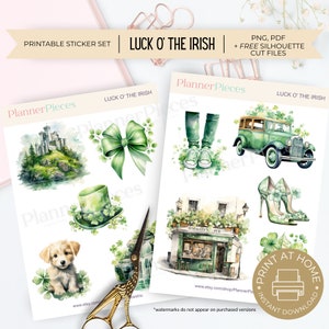 May include: Printable sticker set with a watercolor theme featuring Irish symbols like a castle, a shamrock, a leprechaun hat, a dog, a pub, a pair of shoes, a car, and a bow. The stickers are designed for planners and journals.
