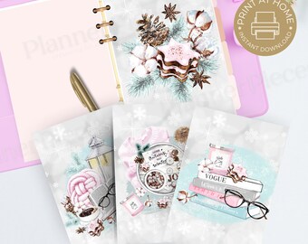 May include: Three printable planner pages with a winter theme. The pages feature watercolor illustrations of a cozy winter scene with a cup of coffee, a book, a lantern, a sweater, and a stack of books. The pages are decorated with snowflakes and the text "Autumn winter" and "Vogue Winter".