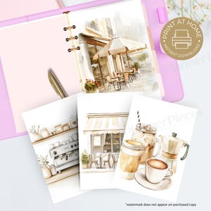 May include: Watercolor illustrations of coffee shop scenes, including a cafe with outdoor seating, a coffee machine, and various coffee drinks. The images are arranged in a planner with a pen.