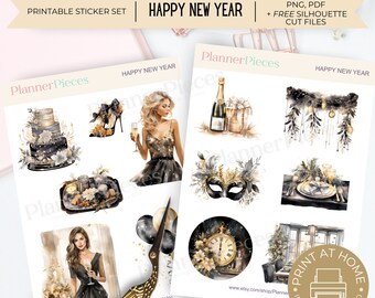 New Year's Eve Planner Stickers: 2024 Printable Stickers (PNG, PDF, Silhouette)
