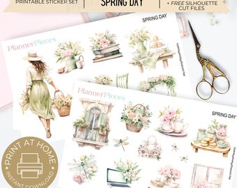 May include: Printable sticker set with a spring theme. The stickers feature a woman in a hat and dress, a window with flowers, a basket of flowers, a teacup and teapot, a laptop, a book, and a dragonfly. The stickers are perfect for planners, journals, and other craft projects.