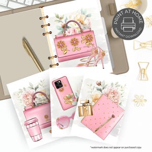 May include: A collection of pink fashion illustrations, including a handbag, high heels, a phone case, sunglasses, a notebook, and a perfume bottle. The illustrations are adorned with floral and gold accents, set against a backdrop of peonies and other flowers. The phrase "PRINT AT HOME" is visible.