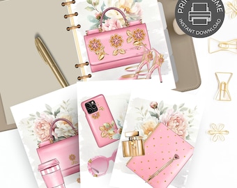 May include: A collection of pink fashion illustrations, including a handbag, high heels, a phone case, sunglasses, a notebook, and a perfume bottle. The illustrations are adorned with floral and gold accents, set against a backdrop of peonies and other flowers. The phrase "PRINT AT HOME" is visible.