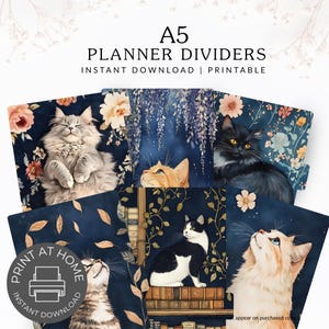 Könnte beinhalten: A5-Planer-Trennwände mit Katzenillustrationen und floralen Hintergründen. Die Designs zeigen verschiedene Katzenrassen vor blau-, rosa- und cremefarbenen Hintergründen. Der Text enthält "PLANNER DIVIDERS" und "INSTANT DOWNLOAD | PRINTABLE".