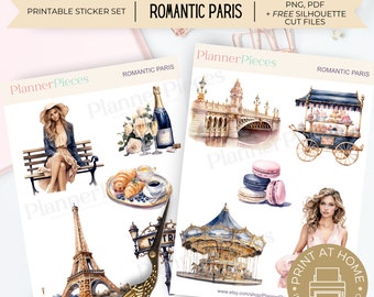 May include: Printable sticker set featuring romantic Parisian scenes. Includes a woman sitting on a bench, a champagne bottle with glasses, a bridge, a pastry cart, macarons, a carousel, a street sign, and the Eiffel Tower.  The stickers are perfect for planners, journals, and other creative projects.