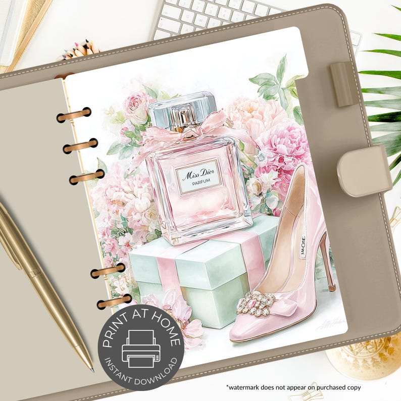 May include: A watercolor illustration featuring a perfume bottle, high-heeled shoe, and gift box. The perfume bottle is labeled "Miss Dior Parfum" and is adorned with a pink ribbon. The shoe is light pink with a jeweled embellishment. The image includes floral elements.
