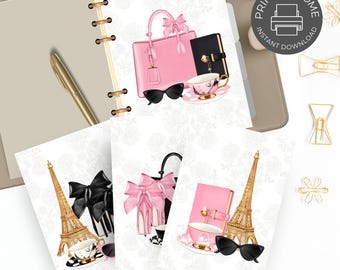 May include: Digital print featuring a pink handbag, black sunglasses, a teacup, and a black notebook. The design includes a gold Eiffel Tower, bows, and a floral background. The words "PRINT AT HOME" and "INSTANT DOWNLOAD" are also visible.