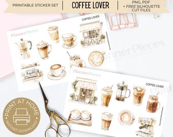 May include: Printable sticker set featuring watercolor illustrations of coffee cups, coffee makers, and a coffee shop. The stickers are labeled "Coffee Lover" and "Planner Pieces".