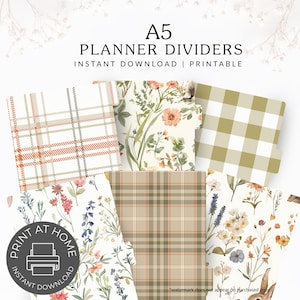May include: A5 planner dividers with various patterns, including plaid, floral, and gingham designs. The dividers are in shades of orange, green, and beige. Text on the image reads "PLANNER DIVIDERS" and "INSTANT DOWNLOAD | PRINTABLE."