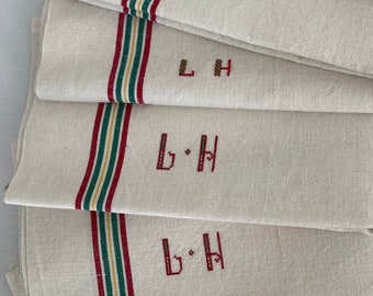 Antique French cotton-linen mix red – green – yellow striped dish towels