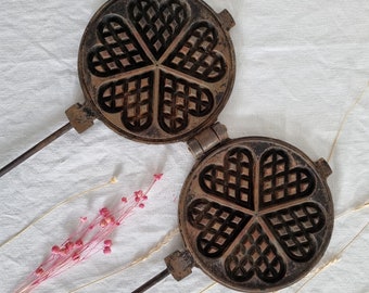 Antique cast iron waffle maker, vintage waffle baking pan, rustic style