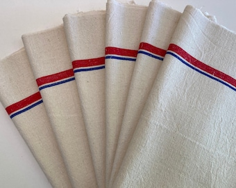 Antique French striped tea or dish towels, cotton-linen mix French torchons