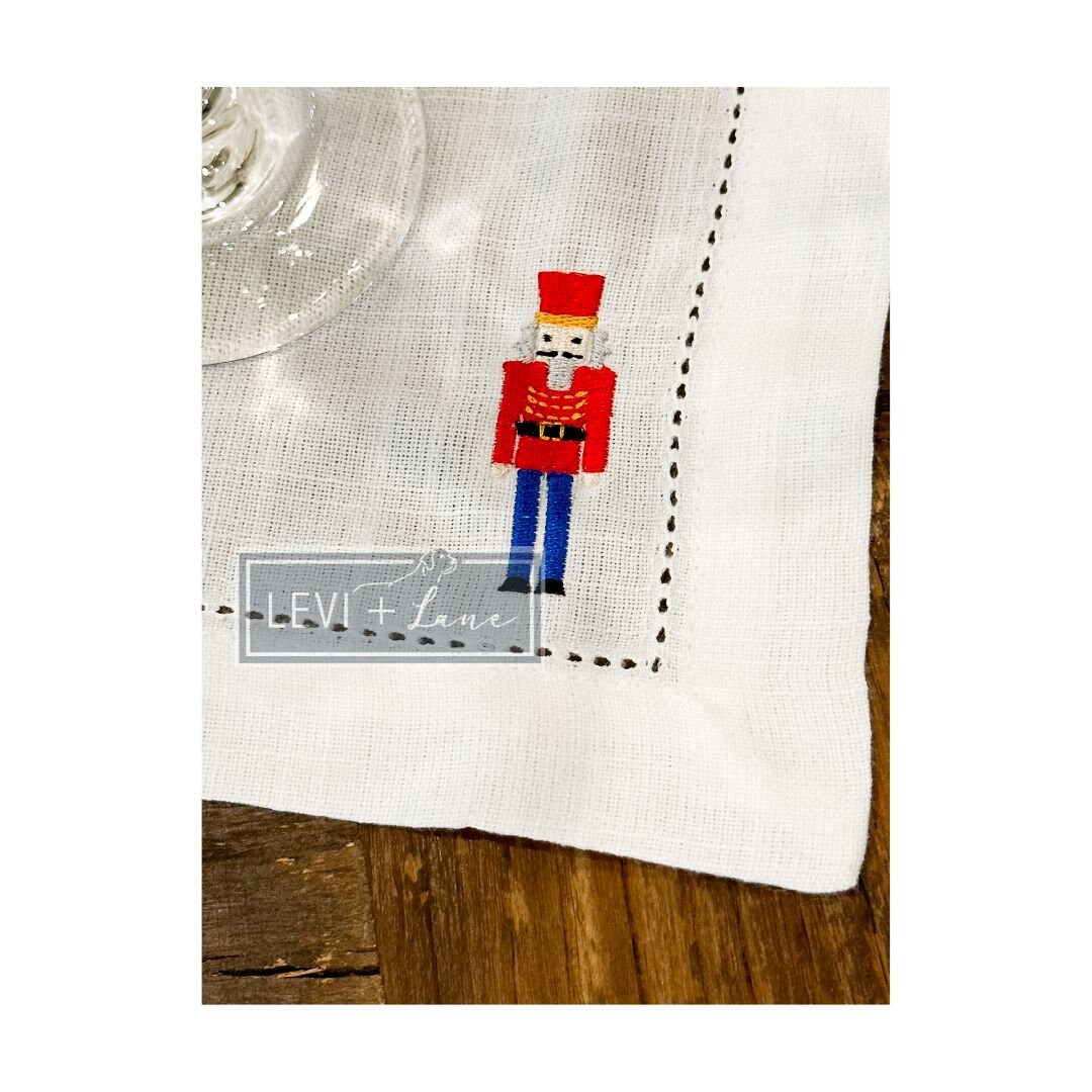 Holiday Nutcracker Embroidered Hemstitch Linen Cocktail Napkins