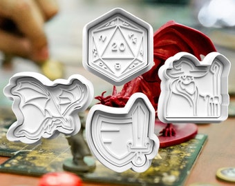 Dungeons and Dragons complete Cookie Cutters and Embosser Set. Handmade gift item.