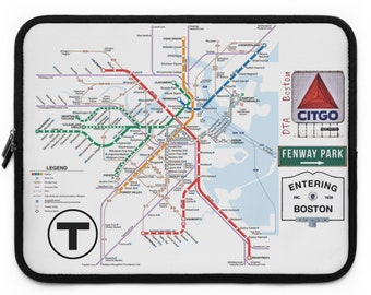 Boston MBTA Map Laptop Sleeve, DTA, Dude That's Awesome, The Citgo Sign, Fenway Park, Massachusetts,  Kenmore Square, The T