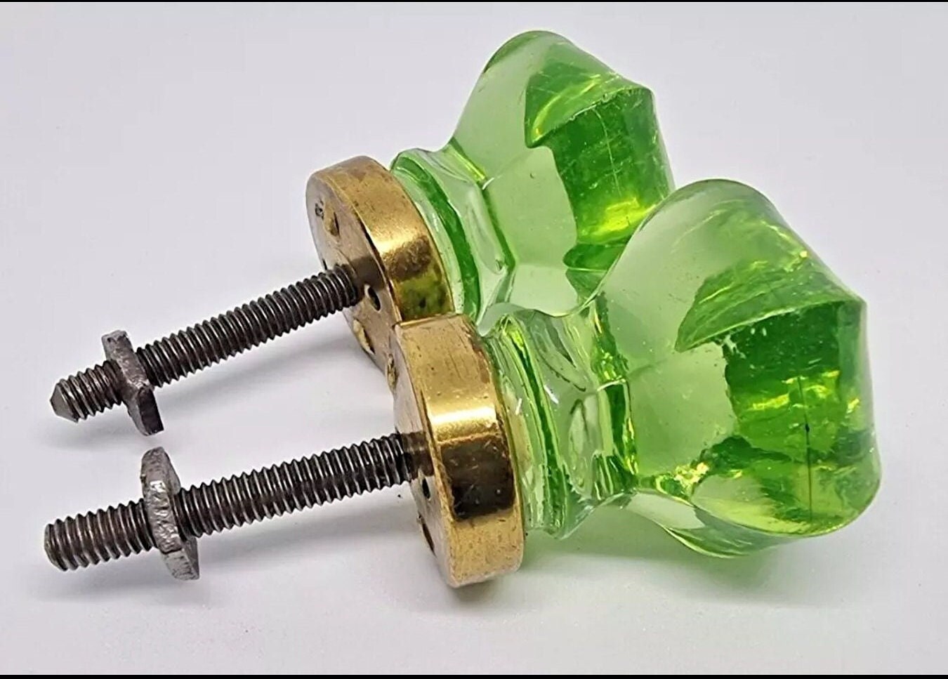 Antique Pair UV Glowing Uranium Green Glass Door Knob / Same Defects