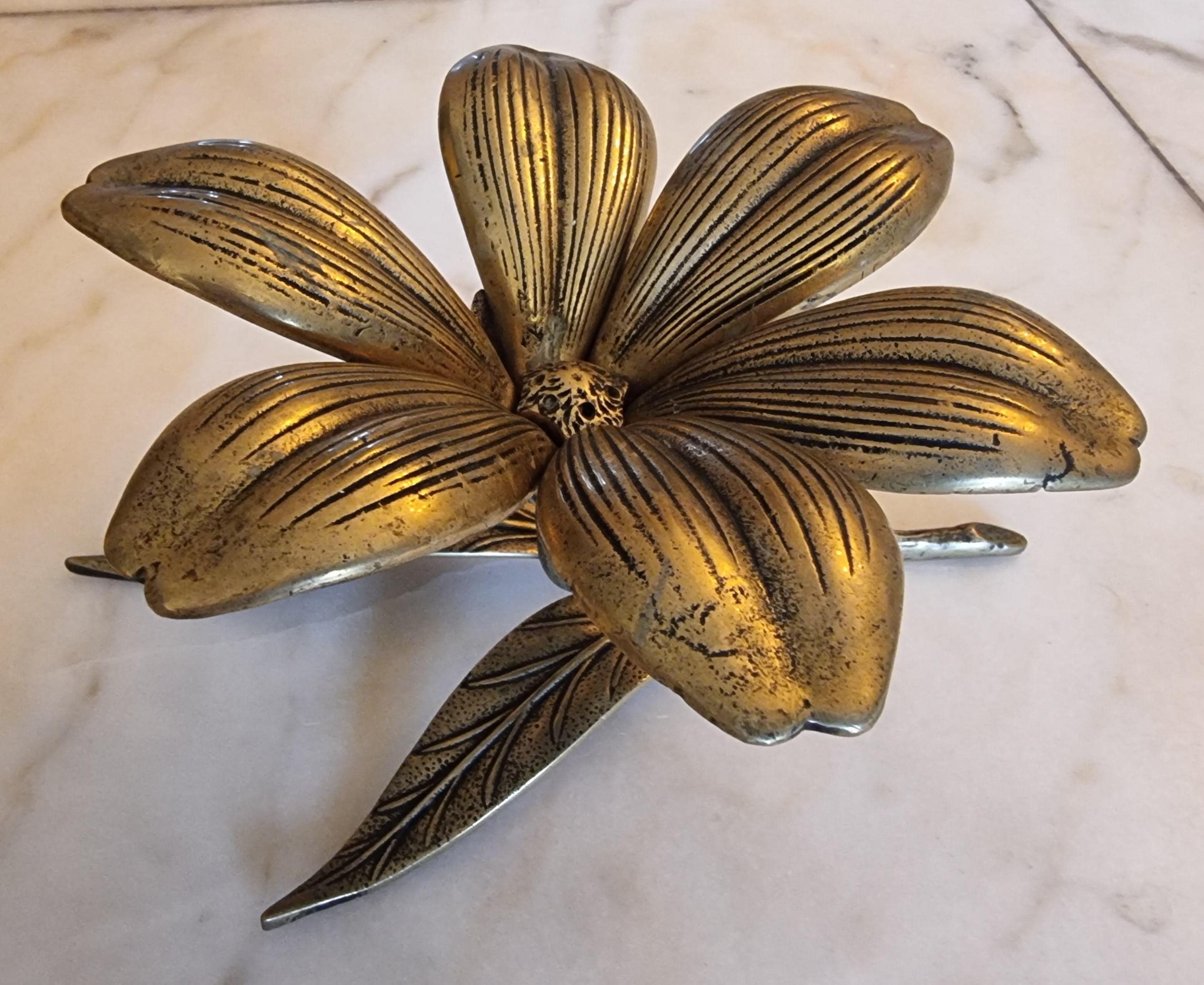 Brass Vintage Lotus Flower Ashtray Opened Petal Lily Hollywood