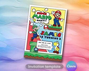 May include: A colorful Super Mario Party invitation template. The design features Mario, Luigi, and Yoshi characters. The invitation includes the text "JAMES IS TURNING 8" and event details. The background is a comic book style.