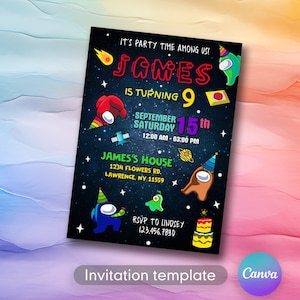 Könnte beinhalten: Eine schwarz-weiße Einladung mit Weltraumthema. Sie lautet "It's party time among us! James wird 9. September 15th, Samstag, 12:00 AM - 03:00 PM. James's House, 1234 Flowers Rd, Lawrence, NY 11559. RSVP to Lindsey, 123.456.7890". Die Einladung zeigt Comicfiguren aus dem Spiel Among Us.