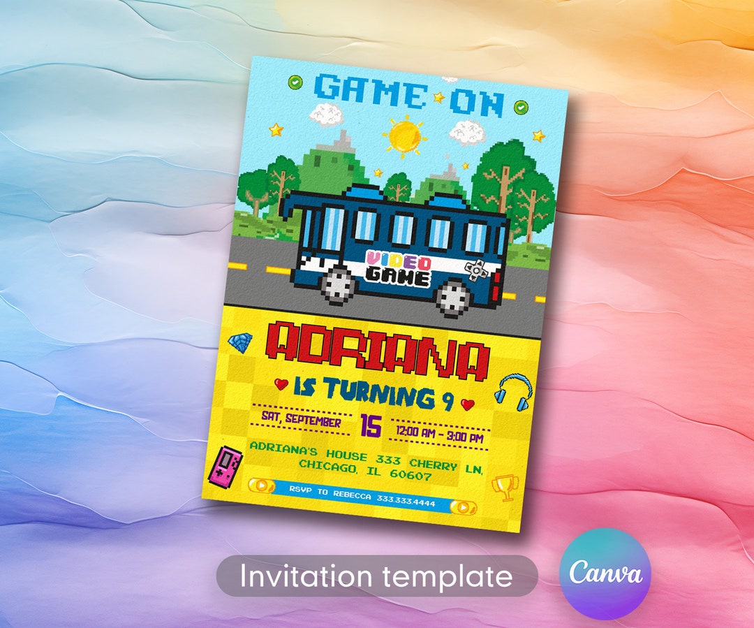 Printable Invitation, Video Game Bus Invite, Gaming Birthday Invitation, Game Invitation