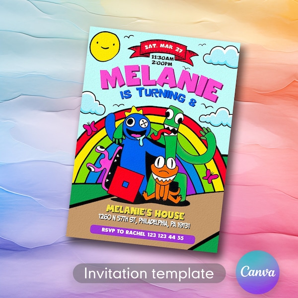 Rainbow friends birthday party invitation template, rainbow birthday invitate, rainbow friends invite, printable editable evite