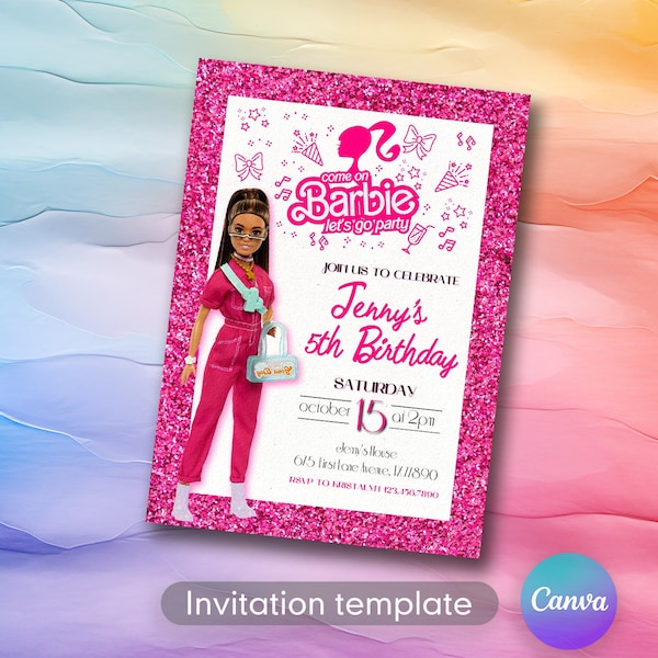 Printable Doll Birthday Invitation, Girl fashion Birthday invitation, bestie invitation, malibu hot pink birthday party, Instant Download