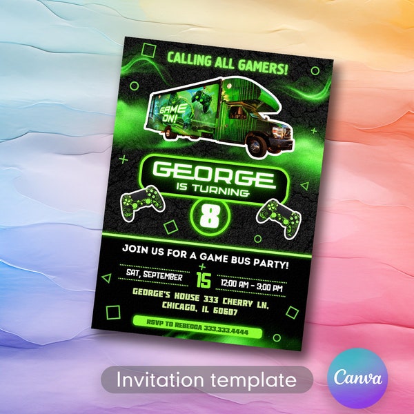 Printable invitation, Video Game Bus Invite, Gaming birthday Invitation, Game invitation, GameBus instant download editable boy