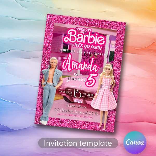 Printable Doll Birthday Invitation, Girl fashion Birthday invitation, bestie invitation, malibu hot pink birthday party, Instant Download