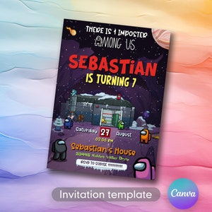 Könnte beinhalten: Eine lila und schwarze Einladungskarte mit einer Comicfigur aus dem Videospiel Among Us. Die Karte lautet "There is 1 Imposter Among Us" und "Sebastian is turning 7". Die Karte enthält auch das Datum und die Uhrzeit der Party, die Adresse und die RSVP-Informationen.