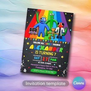 Rainbow friends birthday party invitation template, rainbow gang birthday invitate, rainbow friends invite, printable editable evite