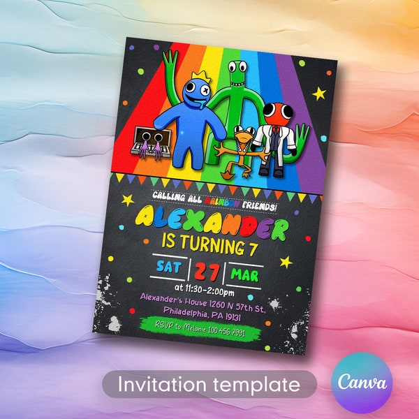Rainbow friends birthday party invitation template, rainbow birthday invitate, rainbow friends invite, printable editable evite